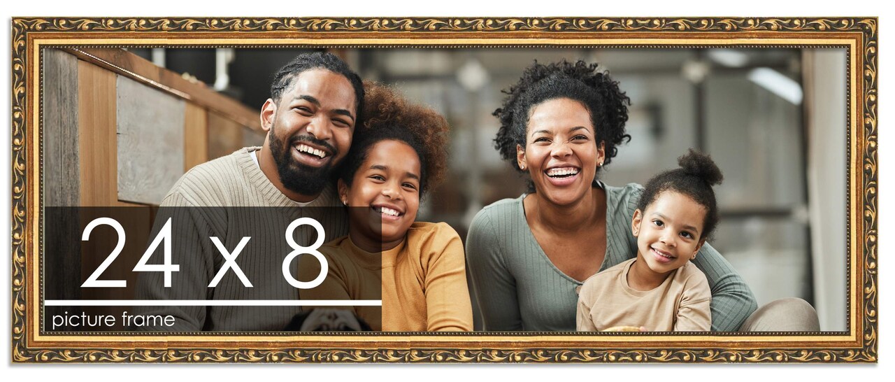 24x8 Solid Wood Antique Picture Frame with UV-Resistant Acrylic & Acid-Free Backing, Available in 4 Finishes: Bronze, Gold, Silver, and Gold with Black
